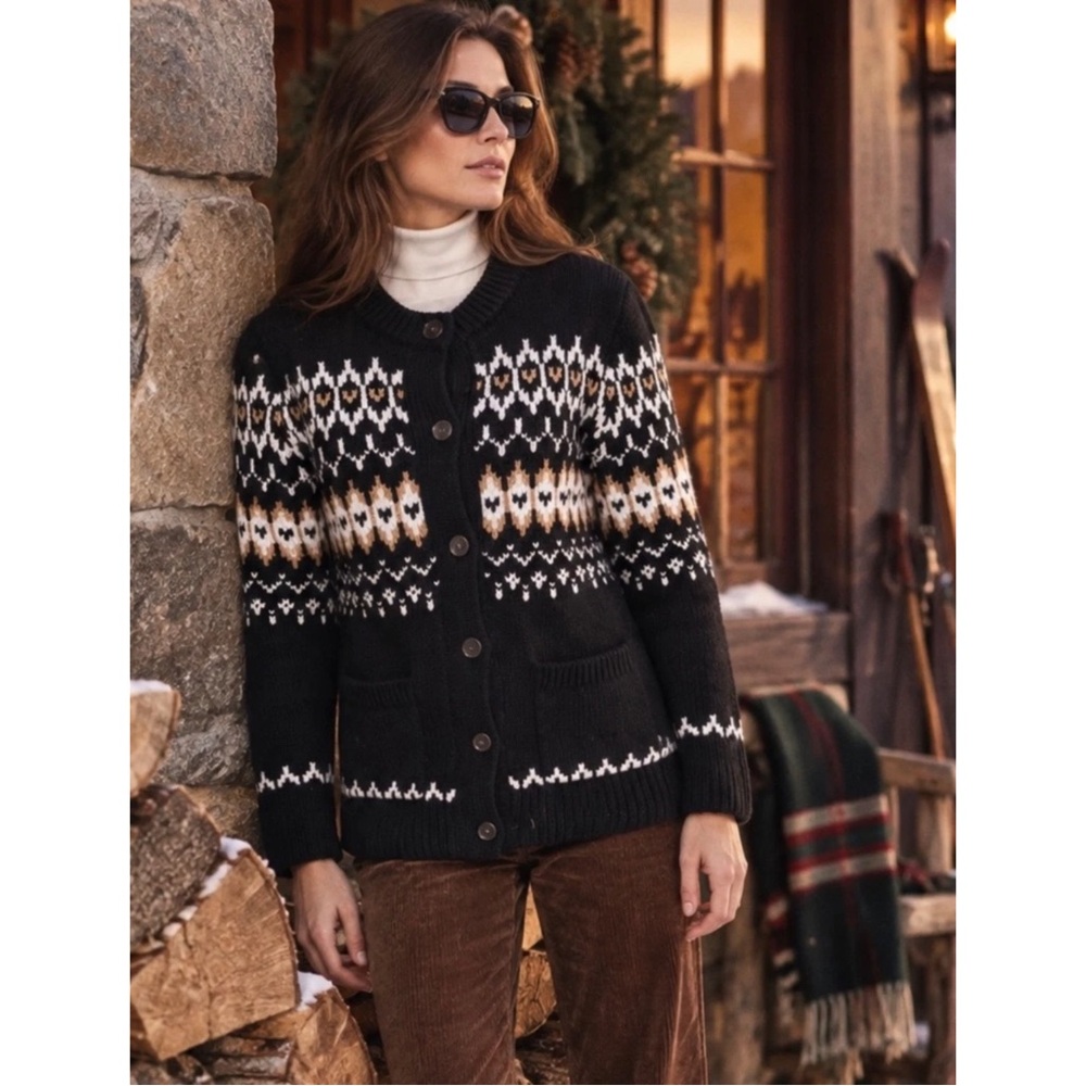 LOFT Fair Isle Patch Pocket Cardigan Sweater Black Cottage Core Ski Cozy Medium
